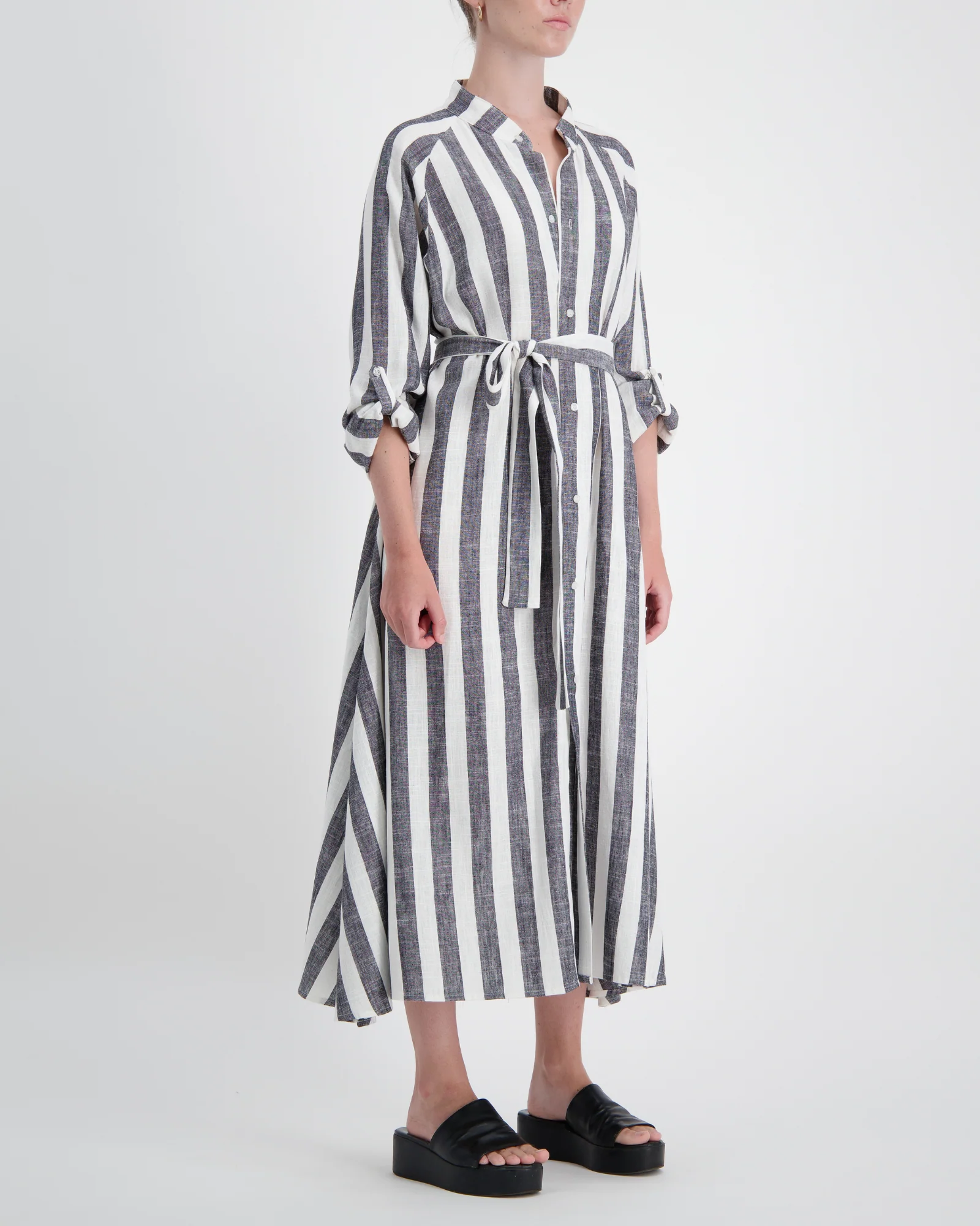 Gre and white striped dress with magnetic buttons